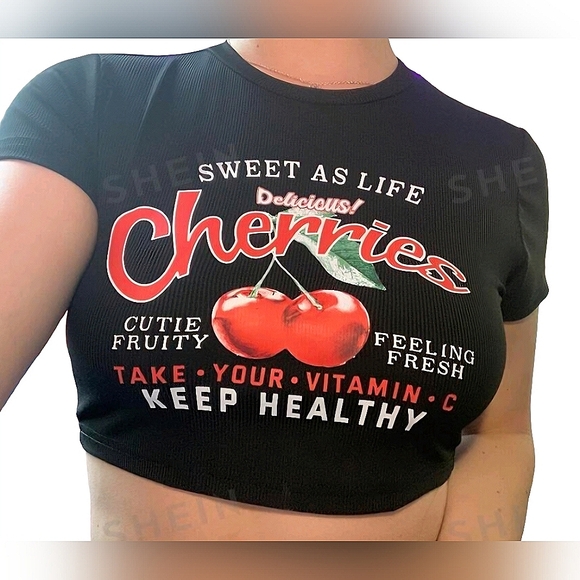 other Tops - ☆Black & Red Cherry Ribbed Crop Top☆